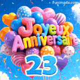 Flottant contre des nuages blancs et un ciel bleu, ce bouquet de ballons présente le texte 3D Joyeux Anniversaire et le chiffre bleu 23.