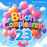 Fluttuando contro nuvole bianche e un cielo azzurro, questo mazzo di palloncini presenta il testo 3D Buon Compleanno e il numero azzurro 23.
