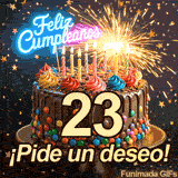Luces de bengala resplandecen sobre un postre con el número 23. Confeti con forma de estrella acompaña los letreros luminosos de Feliz Cumpleaños.
