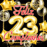 Animación de un GIF con el número 23 en dorado, rodeado de estrellas, burbujas brillantes y la frase 'Feliz cumpleaños' en letras modernas y festivas.