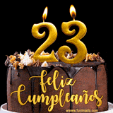 GIF de un pastel de chocolate con decoración de crema, velas doradas con el número 23 encendido, y un fondo negro elegante y cálido.