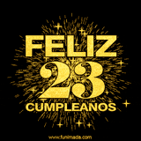 GIF animado con un diseño dorado, mostrando el número 23 rodeado de fuegos artificiales y luces que resaltan una atmósfera festiva y vibrante.