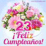 GIF de un colorido ramo de flores rosas, lilas y blancas, con el número 23 destacado en rosa y el mensaje '¡Feliz cumpleaños!' en un estilo encantador.