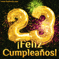 ¡Muy felices 23 años! GIF de texto dorado y fuegos artificiales.