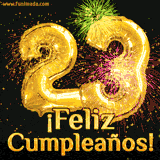 GIF animado con globos dorados en forma del número 23, acompañado de fuegos artificiales de colores y la frase '¡Feliz cumpleaños!' en letras vibrantes.