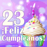 Animación de un cupcake con cobertura blanca, confites de colores, una vela encendida y el número 23 en grande sobre un fondo púrpura con luces brillantes.