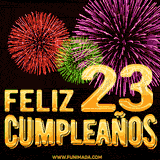 GIF animado con el número 23 en dorado, rodeado de fuegos artificiales rojos, verdes y morados, con el mensaje 'Feliz cumpleaños' en letras doradas.