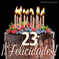 Feliz 23 cumpleaños pastel de chocolate. Imagen (GIF) con pastel y saludo.