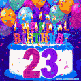 23rd Birthday Cake gif: colorful candles, balloons, confetti and number 23