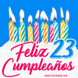 Animación de un pastel decorado con velas coloridas y encendidas, el número 23 destacado en azul y la frase 'Feliz cumpleaños' en letras estilizadas.