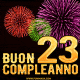 Animazione di fuochi d'artificio colorati con il numero 23 in oro brillante e la scritta 'Buon Compleanno' su uno sfondo nero festivo ed elegante.