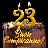 GIF animato con una torta al cioccolato decorata con crema, dettagli dorati e due candele accese che formano il numero 23. Messaggio 'Buon Compleanno' in scritta elegante.