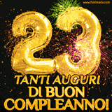 Palloncini dorati a forma del numero 23, accompagnati da scintille e fuochi d'artificio su sfondo nero, con il messaggio 'Tanti auguri di Buon Compleanno!'.