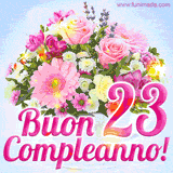 Bouquet animato con rose rosa, margherite e altri fiori colorati, con il numero 23 e la scritta 'Buon Compleanno!' in stile elegante e luminoso.
