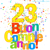 Animazione con il numero 23 in giallo e scritte multicolore 'Buon Compleanno!', accompagnate da una pioggia di stelle e coriandoli colorati.