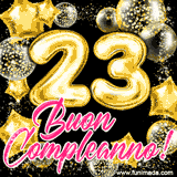 Animazione con palloncini dorati a forma del numero 23, circondati da decorazioni scintillanti e la scritta 'Buon Compleanno!' in caratteri rosa accattivanti.