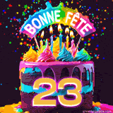 GIF animé pour un 23e anniversaire avec un gâteau au chocolat recouvert de glaçage arc-en-ciel, des bougies allumées, et le texte 'Bonne Fête' sur un fond étoilé et festif.