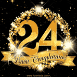 Il numero 24 è circondato da un anello dorato brillante, accompagnato da un nastro elegante con la scritta 'Buon Compleanno!' su uno sfondo scuro.