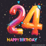 A vibrant age-specific birthday short animation displays the number '24' in shiny balloon-like letters with the words 'Happy Birthday' underneath. The dark background is punctuated with festive stars and balloons.