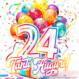 Animazione con palloncini colorati e scintillanti, accompagnata dal numero 24 in caratteri grandi e luminosi, e la scritta 'Tanti Auguri!' in stile vivace.