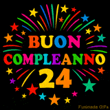 GIF animata 'Buon Compleanno 24' con lettere colorate e fuochi d'artificio