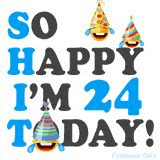 A fun birthday animation celebrating turning 24 with colorful party hats, smiling faces, and cheerful emojis.