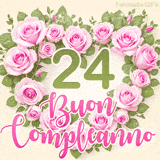 GIF per il 24° compleanno con un cuore di rose rosa e scritta elegante
