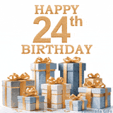 Festive animated eCard with elegant 'Happy 24th Birthday' text above a pile of luxurious blue, white, and gold gift boxes and presents.