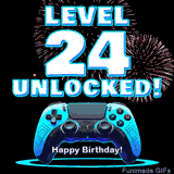 Animated GIF for a 24 birthday. The text 'Level 24 Unlocked!' and 'Happy Birthday!' are displayed over a blue video game controller with exploding fireworks in the background.