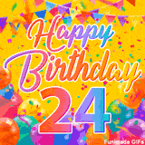 A bright and colorful animation for a 24th birthday, The greeting is set against a yellow backdrop with animated confetti, colorful bunting at the top, and balloons at the bottom.