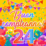 Un GIF animato per un 24° compleanno, Presenta il testo 'Buon Compleanno 24' su uno sfondo giallo vivo con palloncini colorati, festoni e una pioggia di coriandoli.
