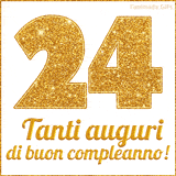 GIF animata per un 24° compleanno, Mostra il numero 24 in grandi caratteri dorati pieni di glitter scintillante, Sotto, la scritta 'Tanti auguri di buon compleanno!' in un elegante oro.