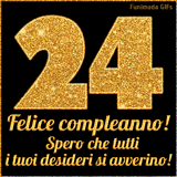 Un GIF animato per un 24° compleanno, Presenta il testo 'Buon Compleanno 24' su uno sfondo giallo vivo con palloncini colorati, festoni e una pioggia di coriandoli.