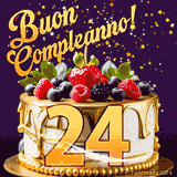 Un GIF animato di una bellissima torta per il 24° compleanno con glassa dorata e frutti di bosco freschi, Il numero dorato 24 è davanti, e stelle cadono su uno sfondo viola scuro.