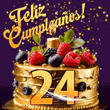 Una animación de celebración de una tarta para el 24º cumpleaños, Estrellas doradas caen del cielo, destacando el texto '¡Feliz Cumpleaños!' y el número dorado 24 en la tarta.