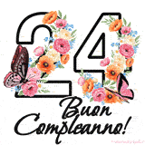 Questo GIF di Buon 24° Compleanno mostra il numero venti riempito con un vibrante bouquet di fiori animati, con farfalle che si muovono dolcemente su uno sfondo bianco.