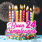 Buon compleanno 24 anni in questa GIF che presenta una torta con candeline a righe e pois su uno sfondo nero ricco di luci animate.