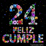 Representación del número 24 y el texto FELIZ CUMPLE elaborados con brillantes piedras preciosas multicolores sobre fondo negro estrellado.
