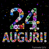 Immagine animata che mostra il numero 24 e Auguri in cristalli multicolori brillanti, circondati da piccole luci su uno sfondo scuro.