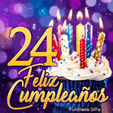 Imagen animada de Feliz Cumpleaños 24 años: el número 24 de oro junto a un cupcake y velas de colores.