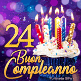 Immagine animata di Buon Compleanno 24 anni: il numero 24 d'oro accanto a un tortino e candeline colorate.