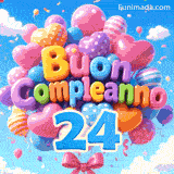 Un grappolo di palloncini brillanti ondeggia al vento. Le lettere in rilievo formano Buon Compleanno sopra il grande numero azzurro 24.