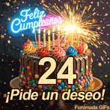 Torta cubierta de golosinas con el gran número 24 al frente. Una bengala arde intensamente rodeada de estrellas doradas cayendo desde arriba.