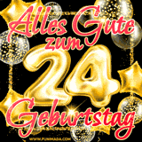 A vibrant greeting card featuring colorful balloons in the background with the large number '24' and the words 'Happy Birthday!' in glowing, bold text