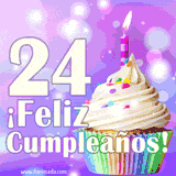 Animación de un cupcake con cobertura blanca, confites de colores, una vela encendida y el número 24 en grande sobre un fondo púrpura con luces brillantes.