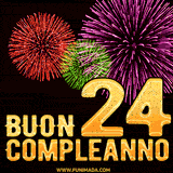 Animazione di fuochi d'artificio colorati con il numero 24 in oro brillante e la scritta 'Buon Compleanno' su uno sfondo nero festivo ed elegante.