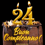 GIF animato con una torta al cioccolato decorata con crema, dettagli dorati e due candele accese che formano il numero 24. Messaggio 'Buon Compleanno' in scritta elegante.