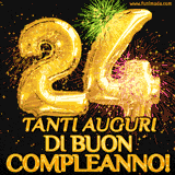 Palloncini dorati a forma del numero 24, accompagnati da scintille e fuochi d'artificio su sfondo nero, con il messaggio 'Tanti auguri di Buon Compleanno!'.