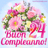 Bouquet animato con rose rosa, margherite e altri fiori colorati, con il numero 24 e la scritta 'Buon Compleanno!' in stile elegante e luminoso.