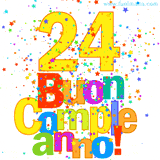Animazione con il numero 24 in giallo e scritte multicolore 'Buon Compleanno!', accompagnate da una pioggia di stelle e coriandoli colorati.